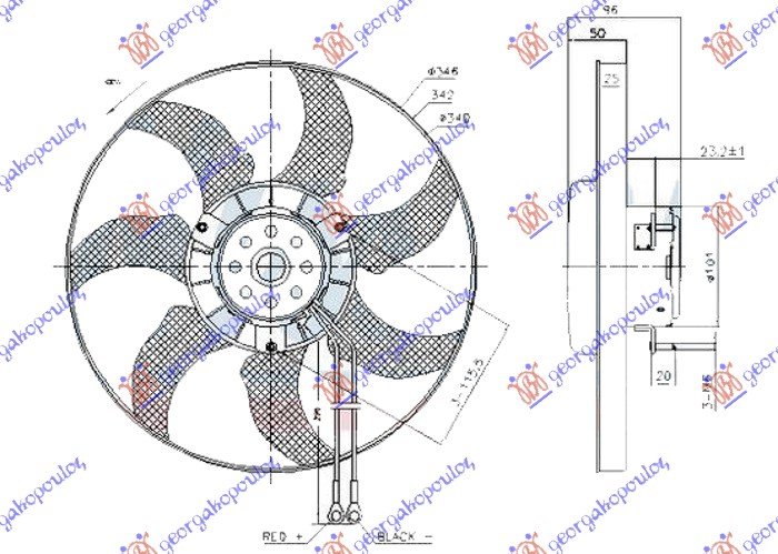 VENTILATOR (MOTOR + ELISA) 340mm 2 KABLA